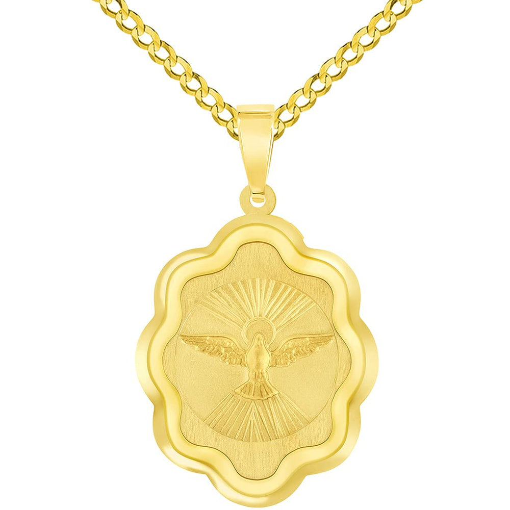 14k Yellow Gold Holy Spirit Dove Religious Elegant Medal Pendant with Cuban Chain Curb Necklace