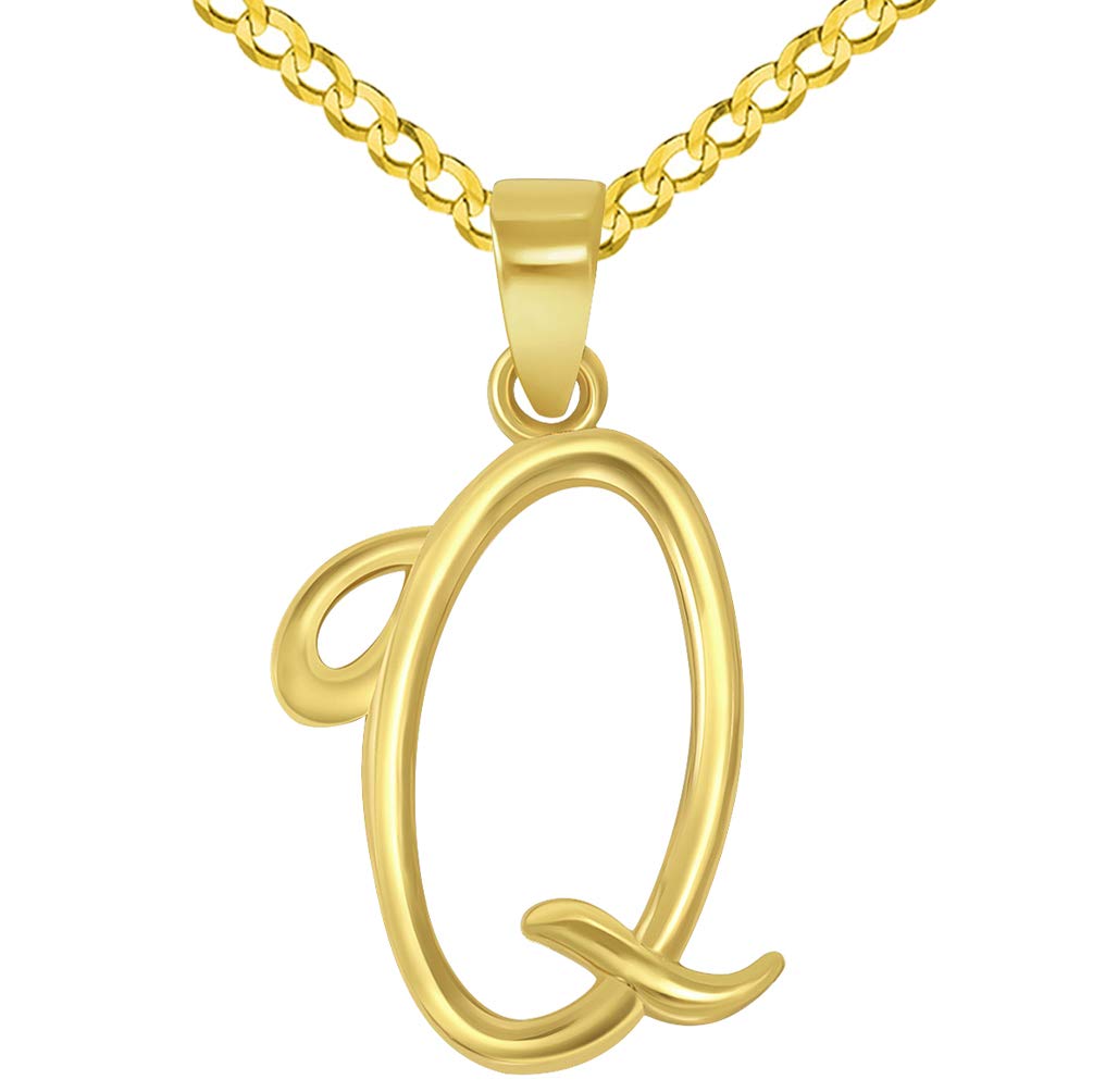 14k Yellow Gold Elegant Script Letter Q Cursive Initial Pendant with Concave Cuban Link Curb Chain Necklace