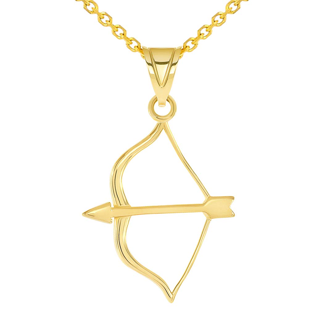14k Yellow Gold Dainty Traditional Bow and Arrow Charm Pendant with Rolo Cable Chain Necklace