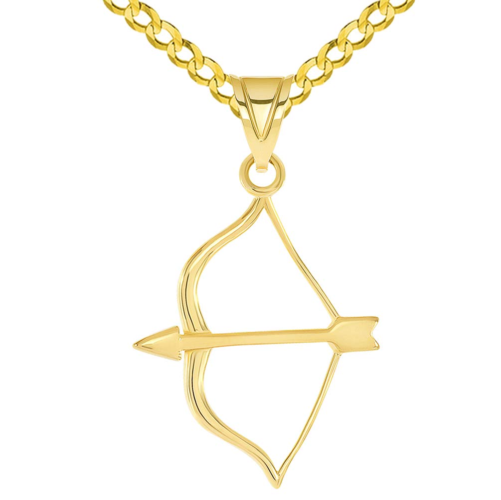 14k Yellow Gold Dainty Traditional Bow and Arrow Charm Pendant with Curb Chain Necklace