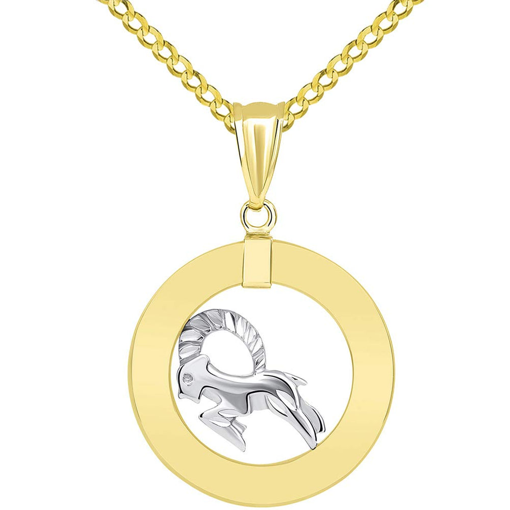 14k Gold Open Circle Capricorn Zodiac Sign Pendant Cuban Chain Necklace - Two-Tone Gold