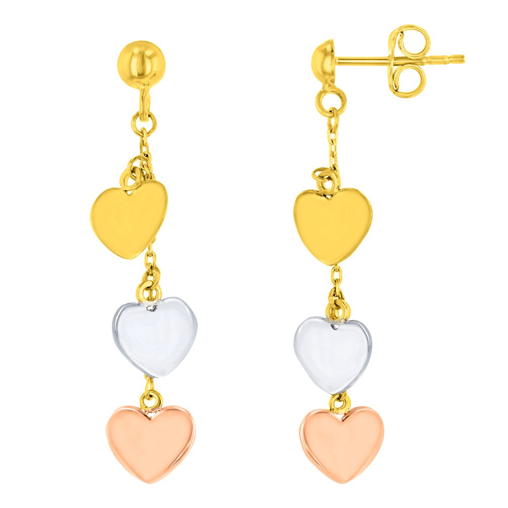 Solid 14K Tri-Color Gold Three Hearts Dangling Earrings