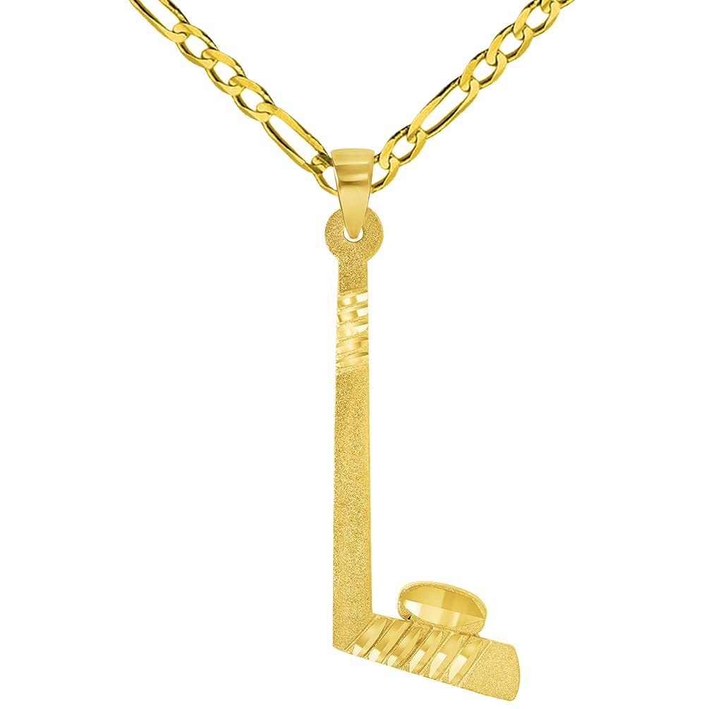 Solid 14k Yellow Gold Ice Hockey Stick and Puck Sports Pendant with Figaro Chain Necklace