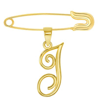Load image into Gallery viewer, 14k Yellow Gold Elegant Script Letter J Cursive Initial Charm with Safety Pin Brooch

