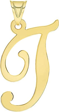 Load image into Gallery viewer, Solid 14k Yellow Gold Script Uppercase Initial T Cursive Letter Pendant
