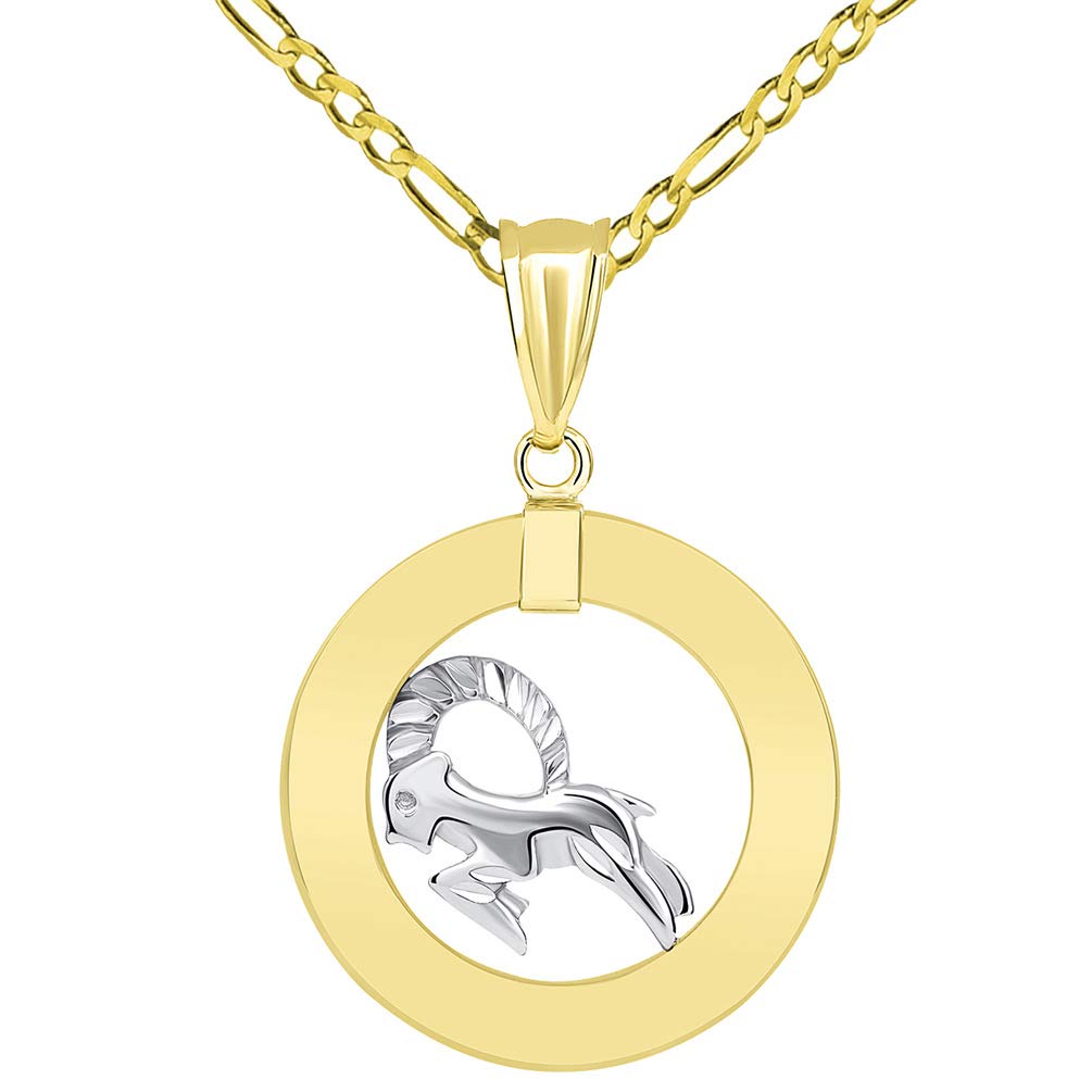 High Polished 14k Two Tone Gold Open Circle Capricorn Zodiac Symbol Sign Pendant Figaro Chain Necklace