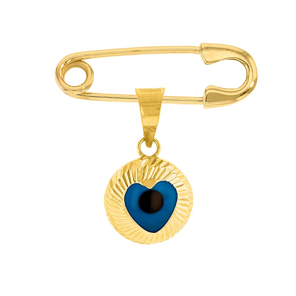 Solid 14k Yellow Gold Evil Eye with Heart Safety Pin Brooch