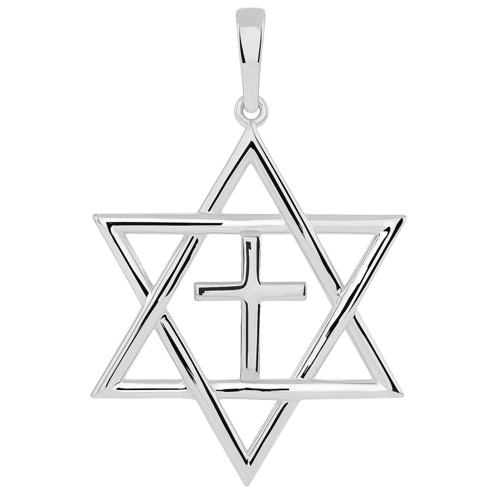 14k White Gold Jewish Star of David with Religious Cross Judeo Christian Pendant (Medium)