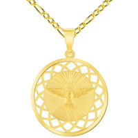 Load image into Gallery viewer, 14k Yellow Gold Holy Spirit Dove Religious Round Open Ornate Medal Pendant with Figaro Chain Necklace
