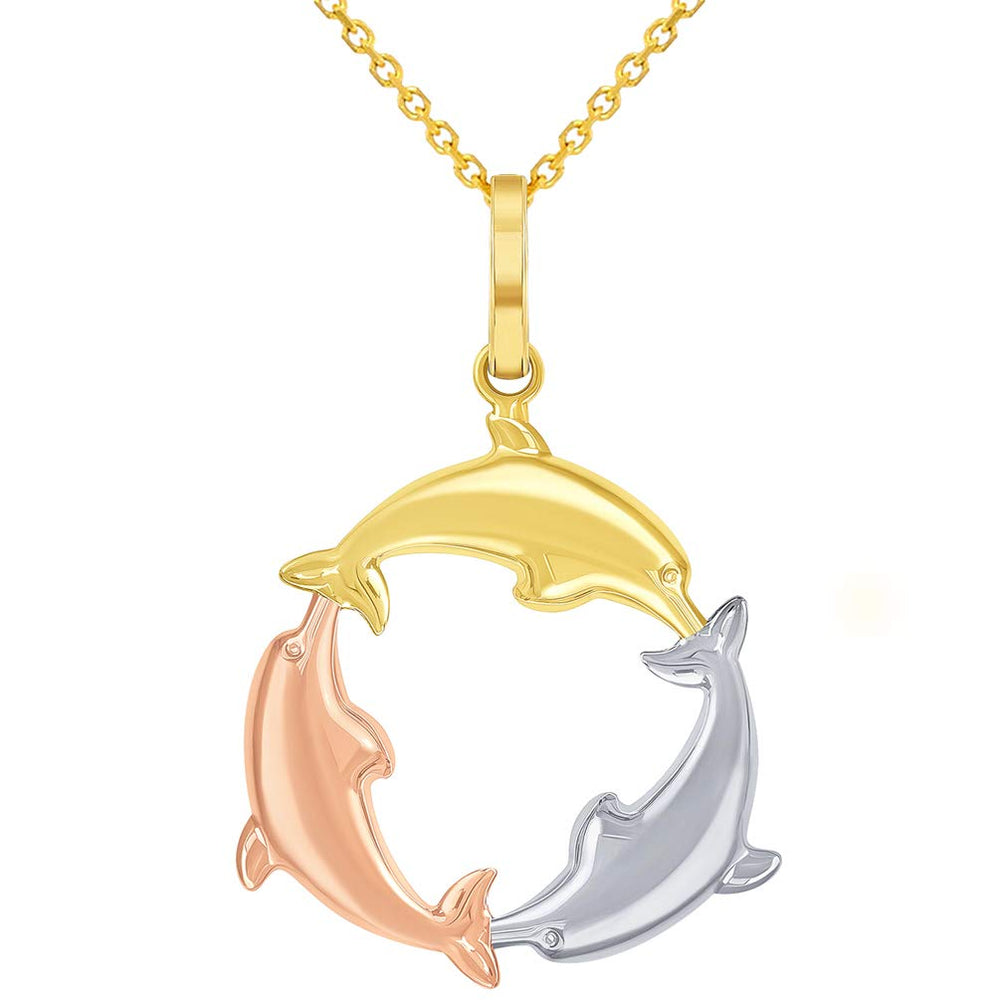 High Polish 14k Tri-Color Gold Dolphin Circle Pendant Necklace
