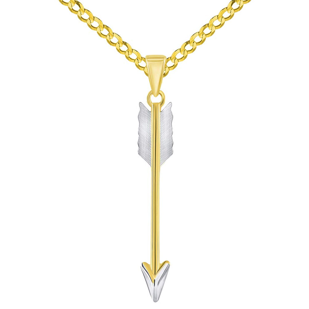 14k Yellow Gold Tribal Feather Arrow Charm Pendant with Curb Chain Necklace