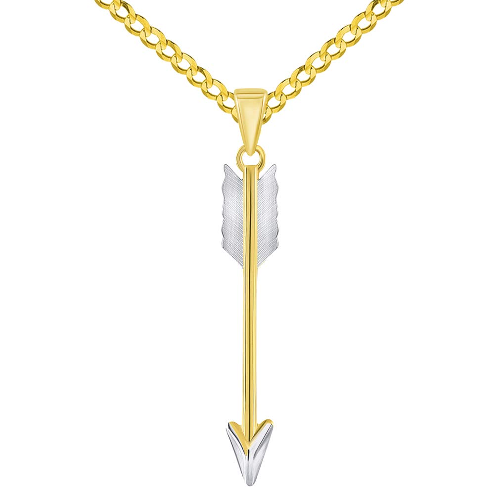 14k Yellow Gold Tribal Feather Arrow Charm Pendant with Curb Chain Necklace