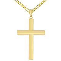Load image into Gallery viewer, 14k Yellow Gold Religious Plain Hollow Square Tube Cross Pendant with Figaro Chain Necklace
