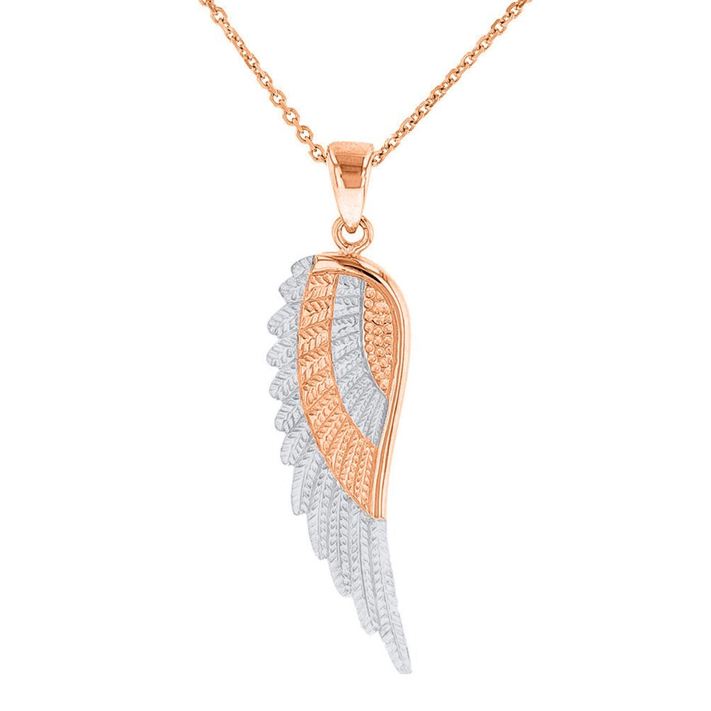 Solid 14k Rose Gold Textured Angel Wing Charm Pendant Necklace