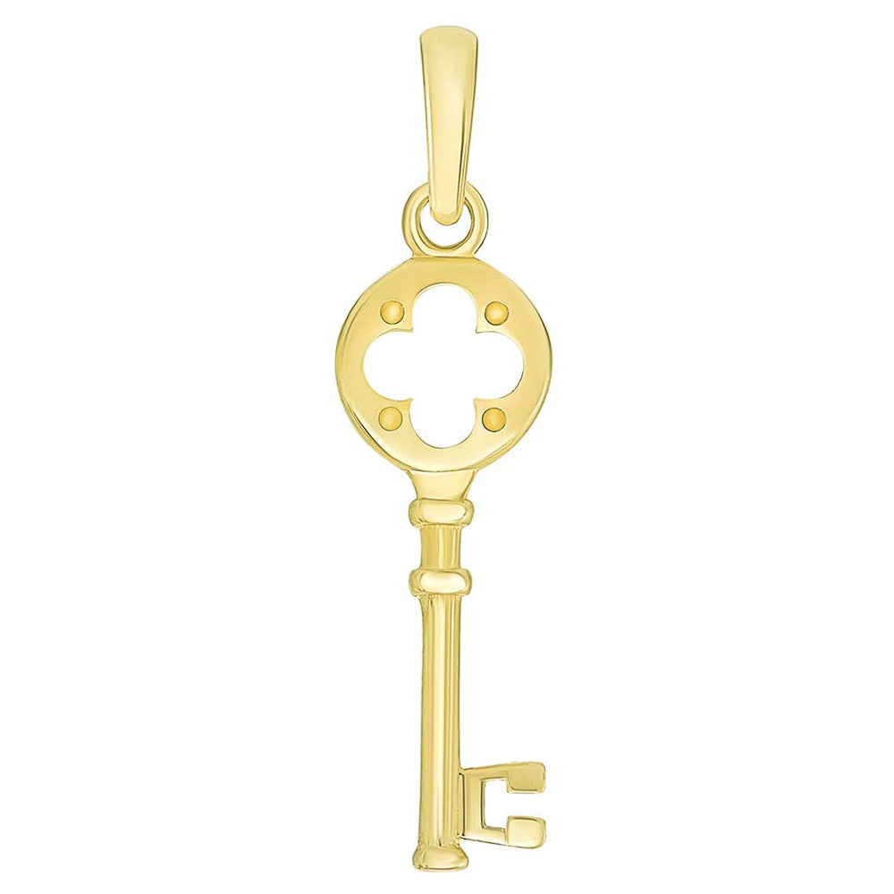 Solid 14K Yellow Gold Round Four Leaf Clover Love Key Charm Good Luck Pendant