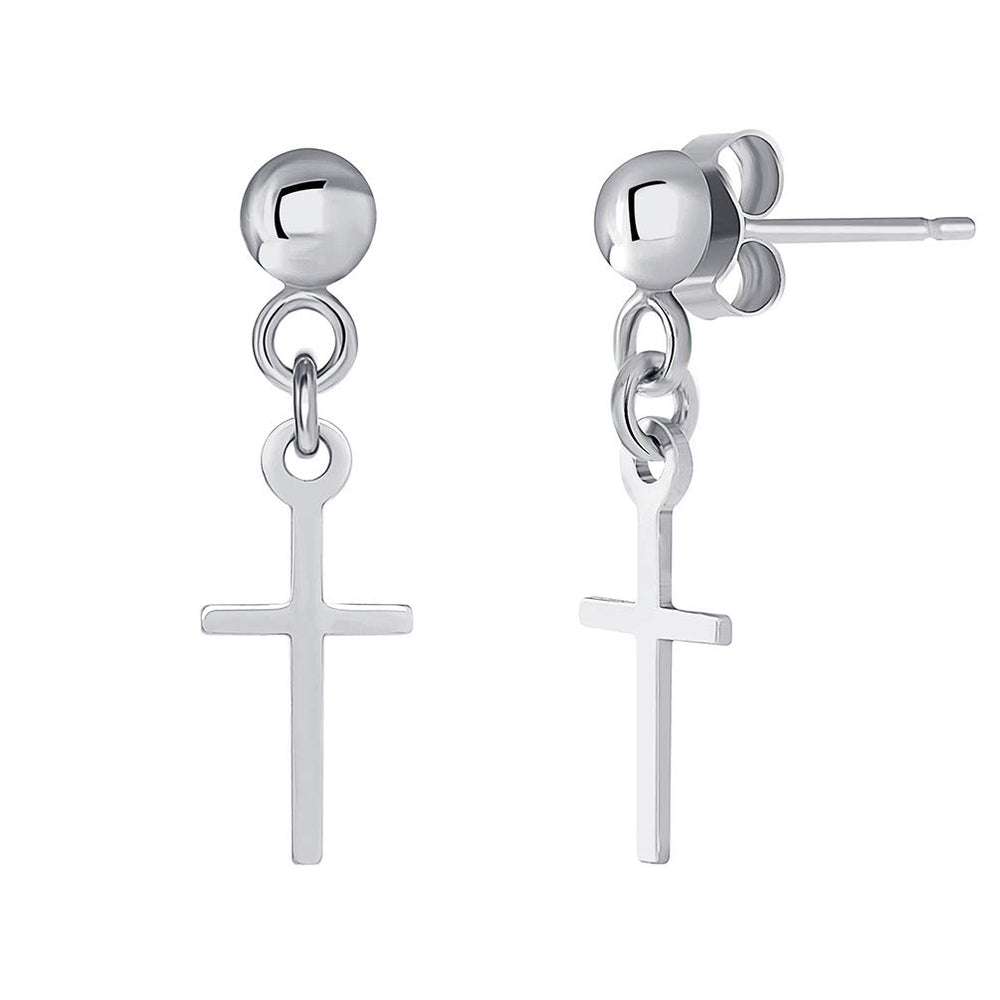 14k White Gold Dangling Religious Plain Cross Drop Earrings with Friction Back (Small)