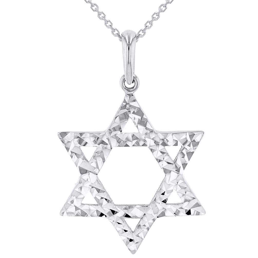 Solid 14k White Gold Textured Hebrew Star of David Pendant Necklace