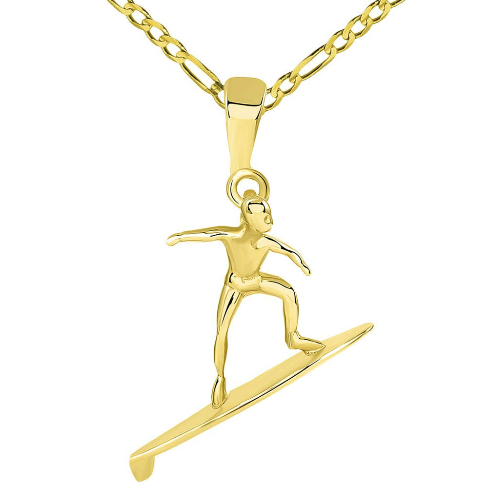 Solid 14k Yellow Gold Surfer Surfing on Surfboard Pendant Figaro Necklace
