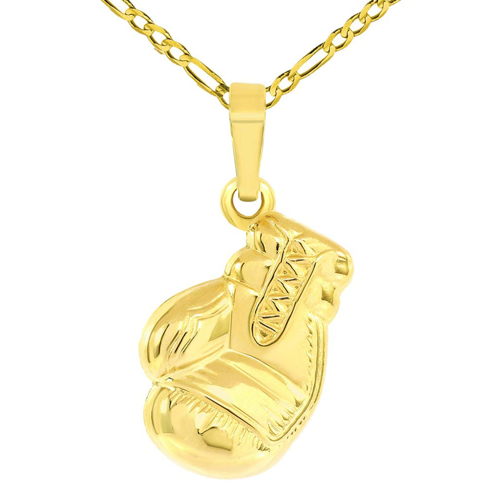 High Polish 14k Yellow Gold 3D Single Boxing Glove Charm Sports Pendant with Figaro Chain Necklace