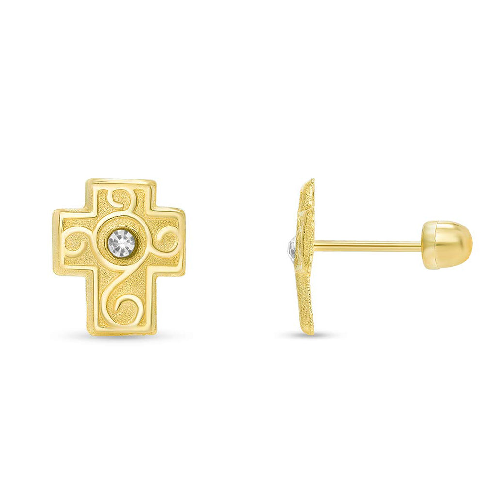 Cubic-Zirconia Religious Ornate Latin Cross Stud Earrings with Screw Back