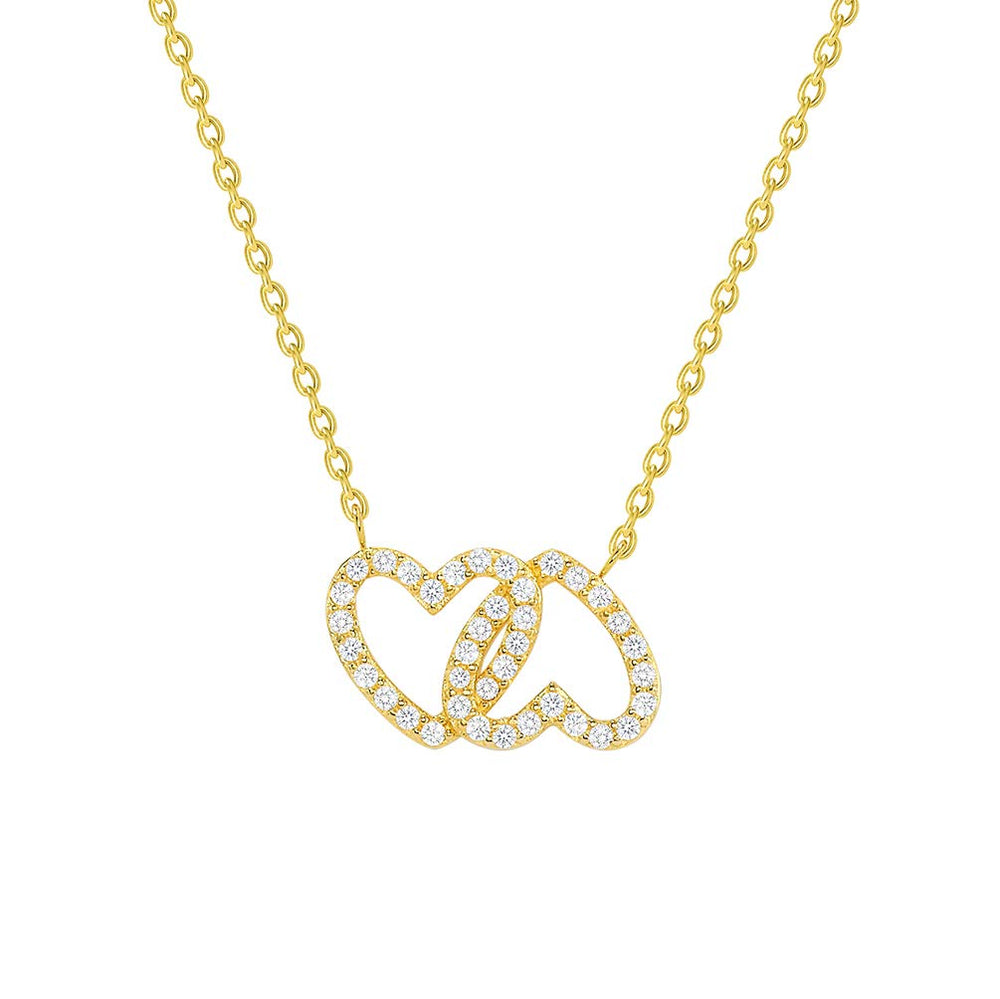 14k Yellow Gold Cubic-Zirconia Interlocking Double Heart Necklace with Lobster Claw Clasp