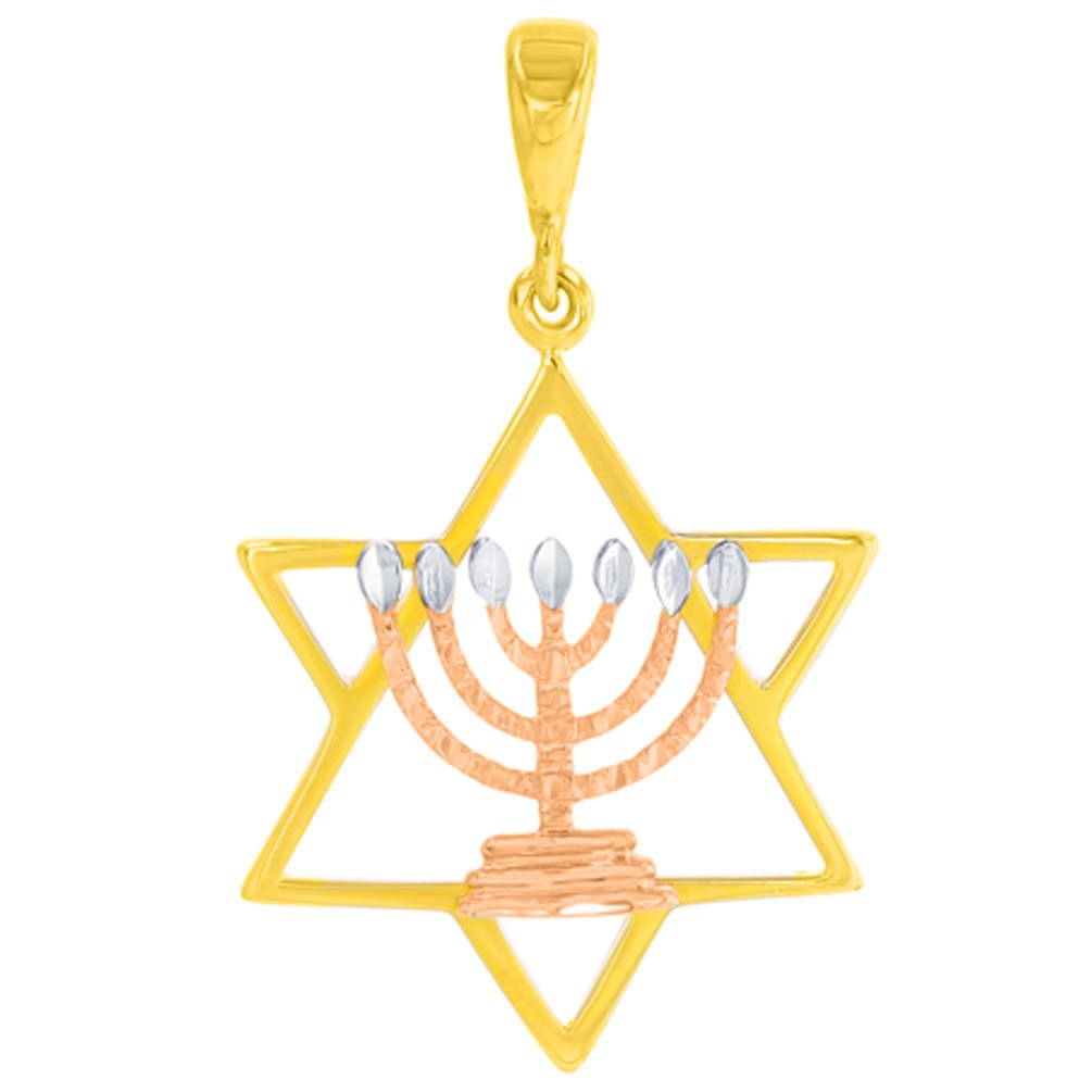 14K Yellow Gold & Rose Gold Jewish Star of David with Menorah Pendant