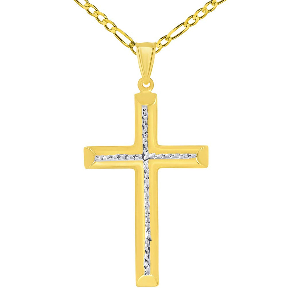 14k Yellow Gold Textured Two-Tone Religious Tube Cross Pendant with Figaro Chain Necklace