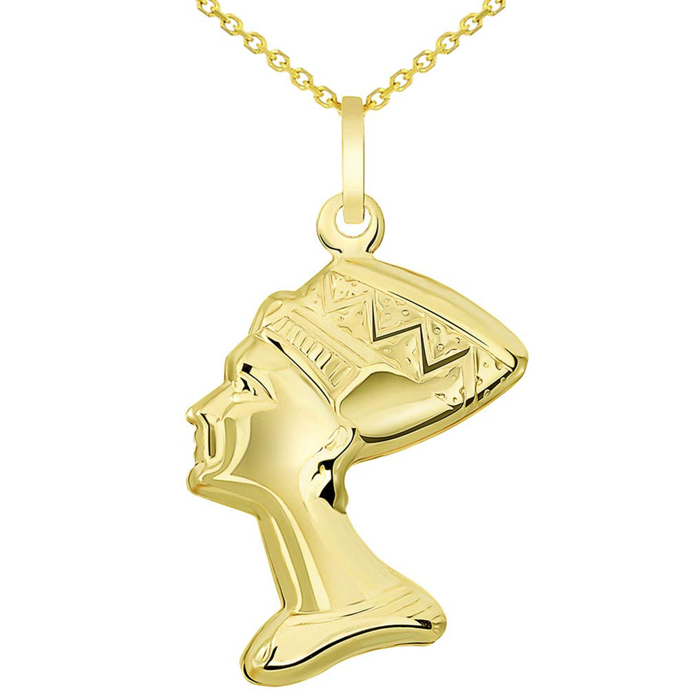 14k Yellow Gold Head of Egyptian Queen Nefertiti Pendant Necklace Available with Rolo Chain Necklace