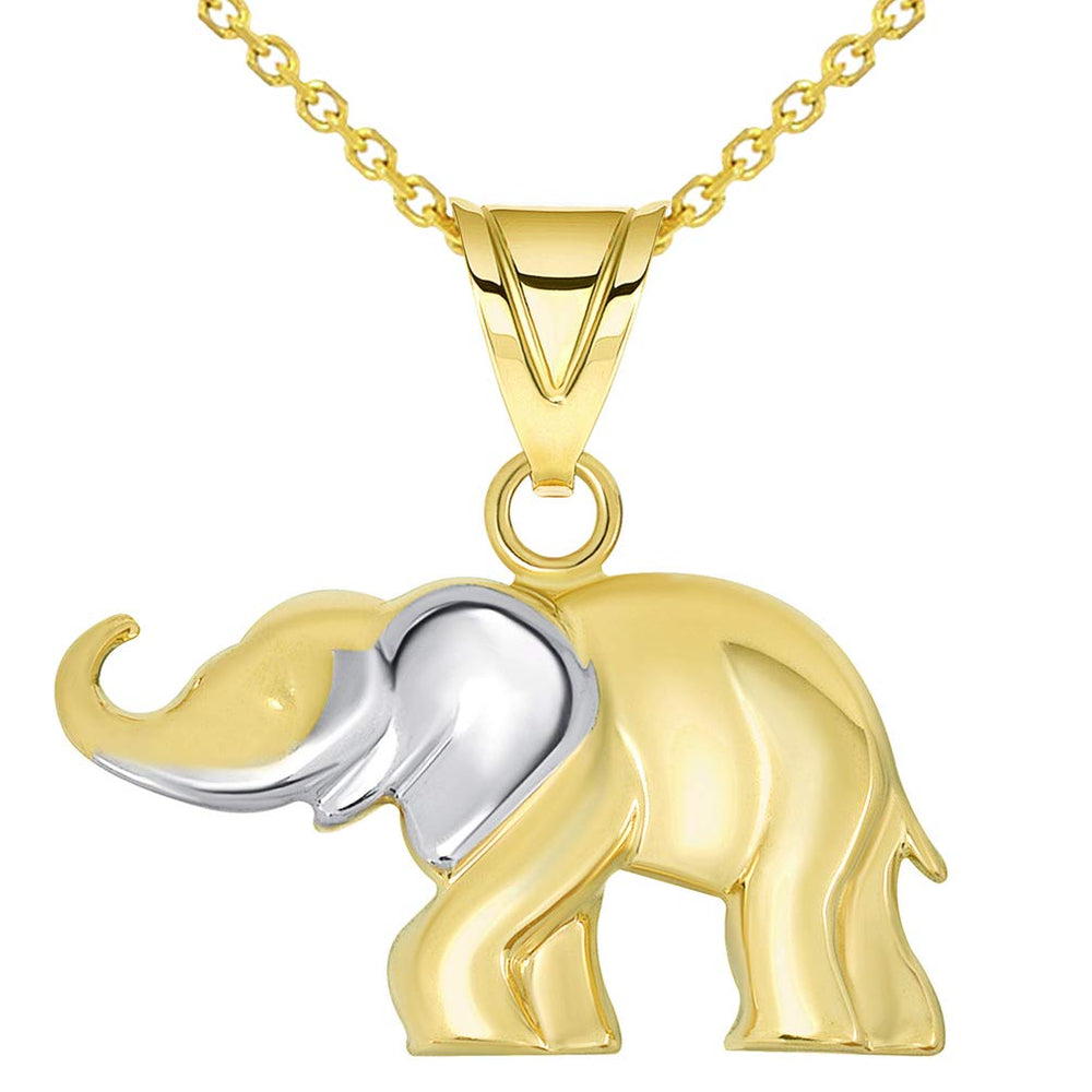 14k Gold High Polished Two Tone Elephant Pendant Necklace with Cable, Curb, or Figaro Chain - Yellow Gold