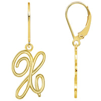 Load image into Gallery viewer, Solid 14k Yellow Gold Elegant Script Letter Cursive Initial Dangle Drop Earrings with Leverback - A to Z
