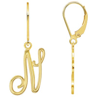 Load image into Gallery viewer, Solid 14k Yellow Gold Elegant Script Letter Cursive Initial Dangle Drop Earrings with Leverback - A to Z
