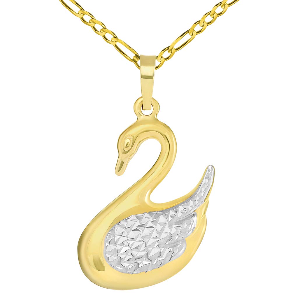 High Polish 14k Yellow Gold 3D Swan Animal Pendant with Figaro Chain Necklace (Reversible)