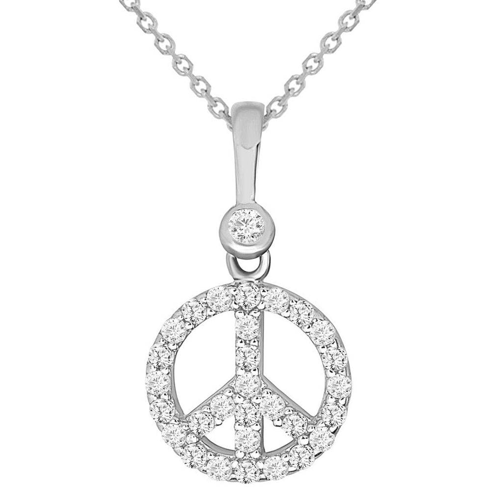 Solid 14k White Gold Mini Peace Symbol Charm Pendant Necklace with Cubic Zirconia