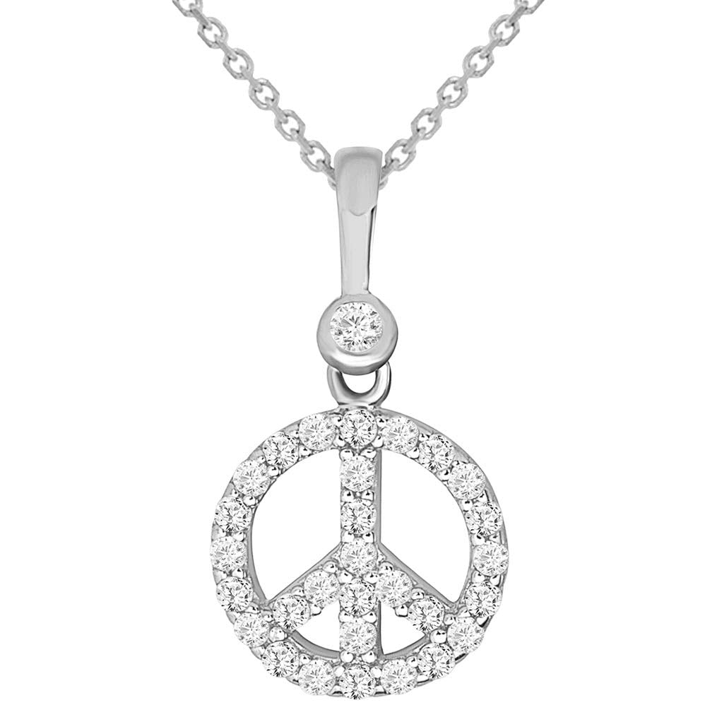 Solid 14k White Gold Mini Peace Symbol Charm Pendant Necklace with Cubic Zirconia