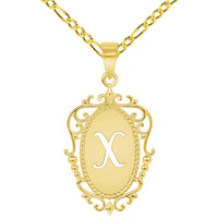 Load image into Gallery viewer, 14k Yellow Gold Elegant Filigree Oval Uppercase Initial X Script Letter Plate Pendant with Figaro Chain Necklace
