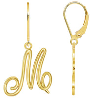 Load image into Gallery viewer, Solid 14k Yellow Gold Elegant Script Letter Cursive Initial Dangle Drop Earrings with Leverback - A to Z
