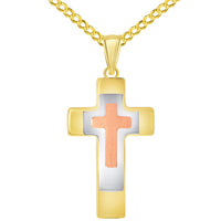 Load image into Gallery viewer, 14k Yellow Gold High Polished Tri-Tone Religious Cross Pendant with Cuban Curb Chain Necklace
