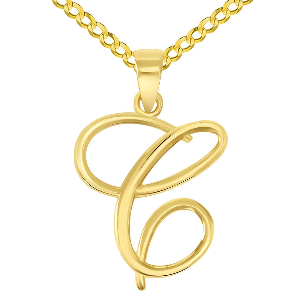 14k Yellow Gold Elegant Script Letter C Cursive Initial Pendant with Curb Chain Necklace