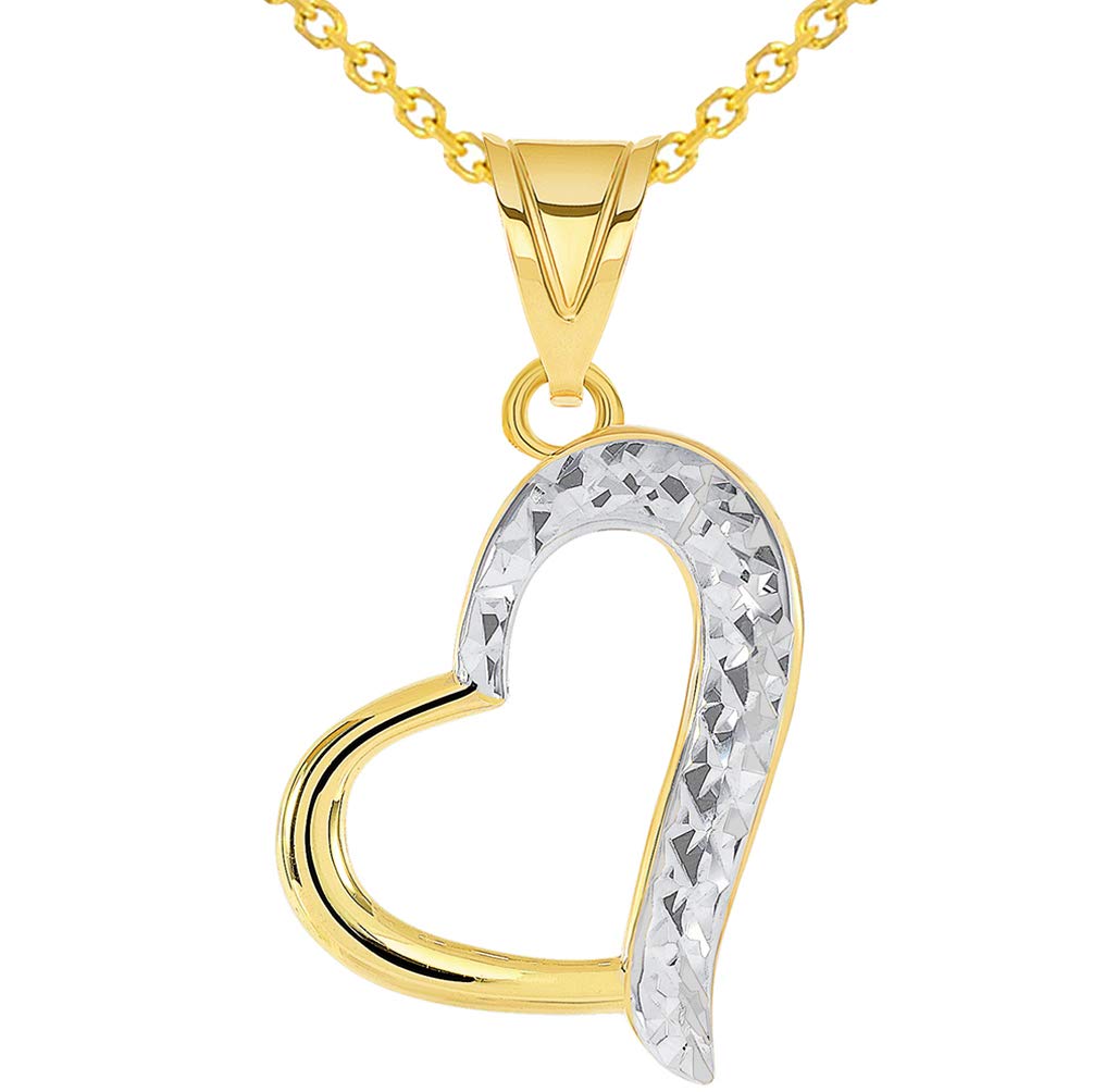 14k Yellow Gold High Polished and Sparkle Cut Two-Tone Curved Open Heart Pendant Necklace