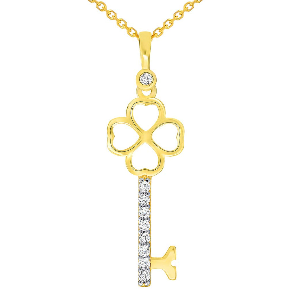 14k Yellow Gold Cubic Zirconia Four Leaf Clover Love Key To My Heart Pendant Necklace with Cable Chain