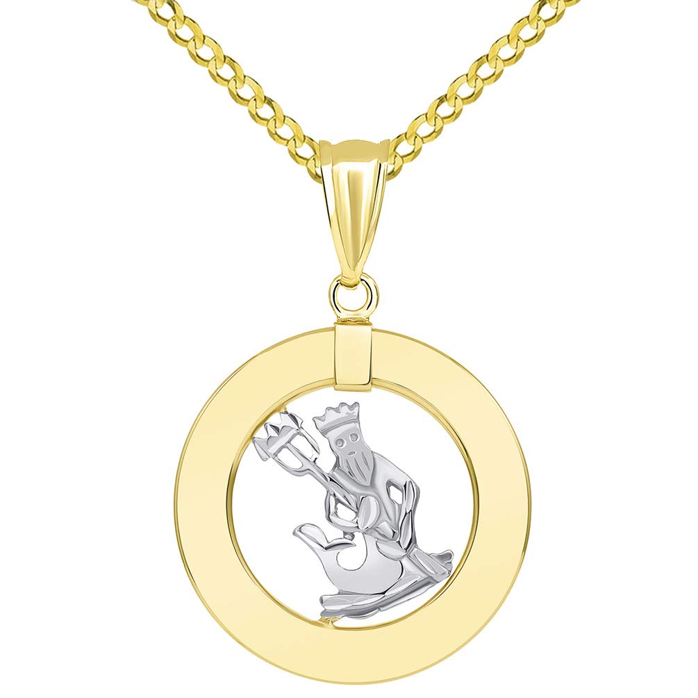 14k Gold Open Circle Aquarius Zodiac Sign Pendant Cuban Necklace - Two-Tone Gold