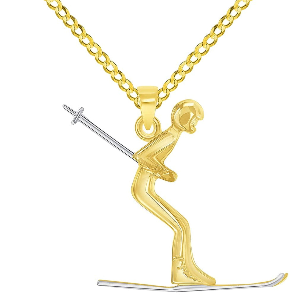 14k Yellow Gold 3D Snow Skier Skiing Two Tone Sports Pendant with Cuban Curb Chain Necklace