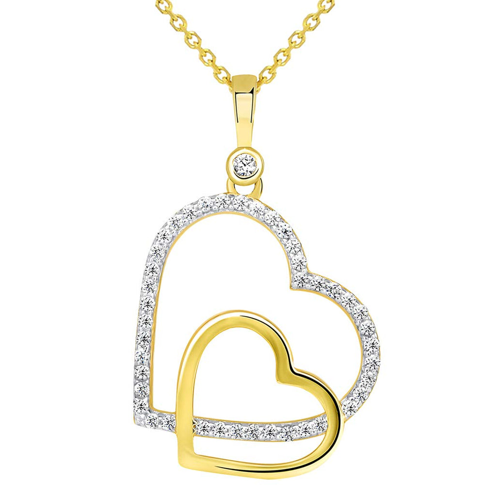 14k Yellow Gold CZ Dangling Sideways Open Double Heart Pendant Necklace