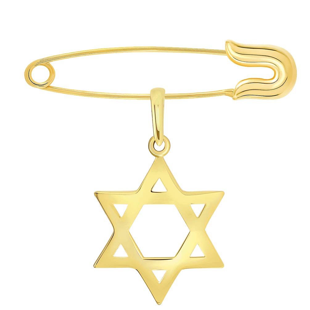 14k Yellow Gold High Polish Small Star of David Charm with Safety Pin Brooch
