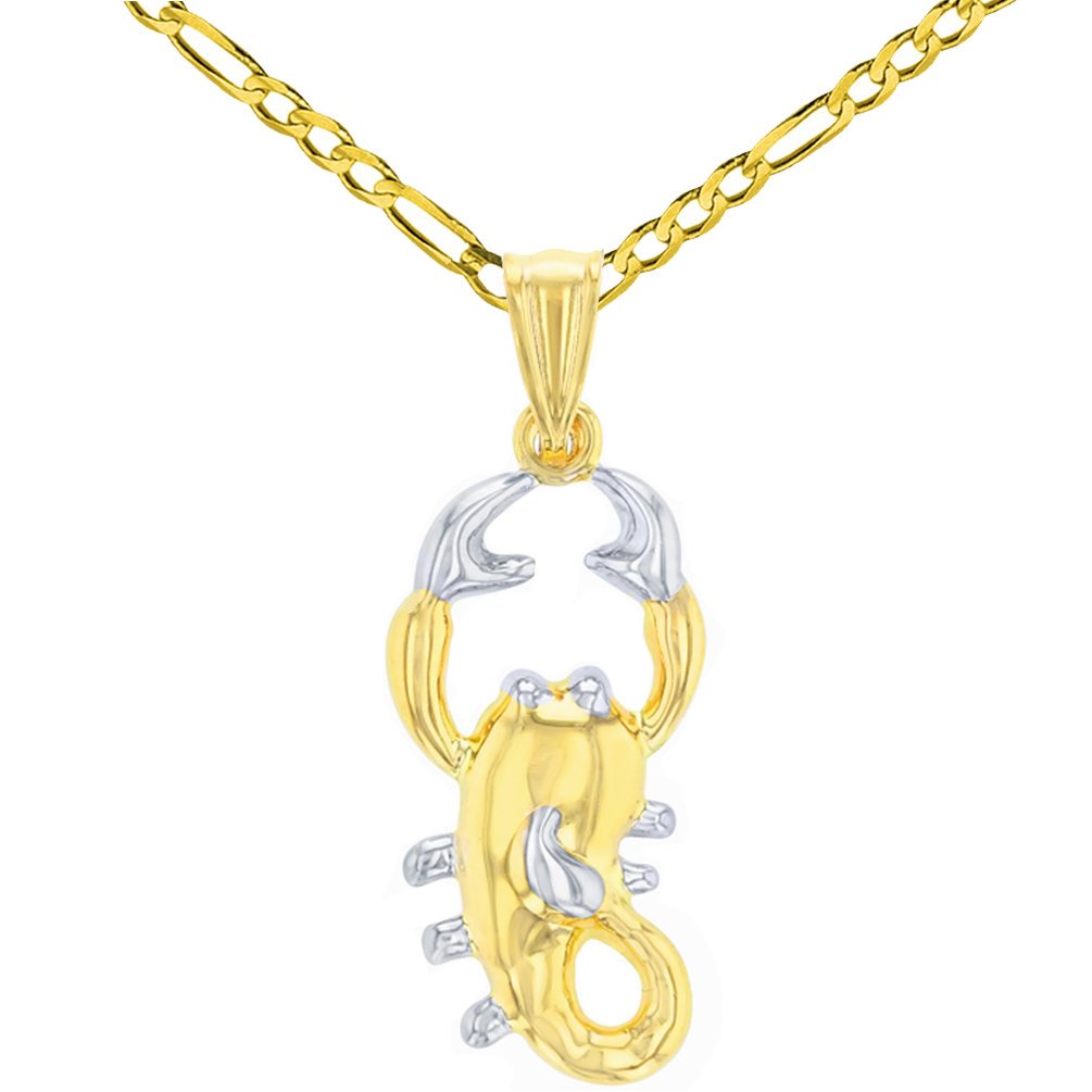 High Polished 14K Yellow Gold 3-D Scorpion Pendant Scorpio Zodiac Sign Charm with Figaro Chain Necklace