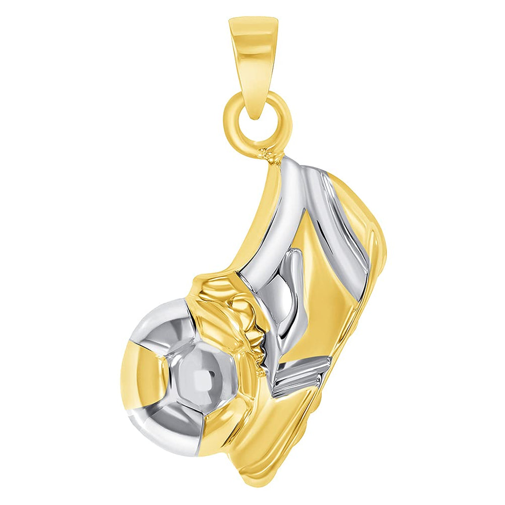 High Polish 14k Yellow Gold 3D Soccer Shoe Kicking Ball Charm Two-Tone Football Sports Pendant