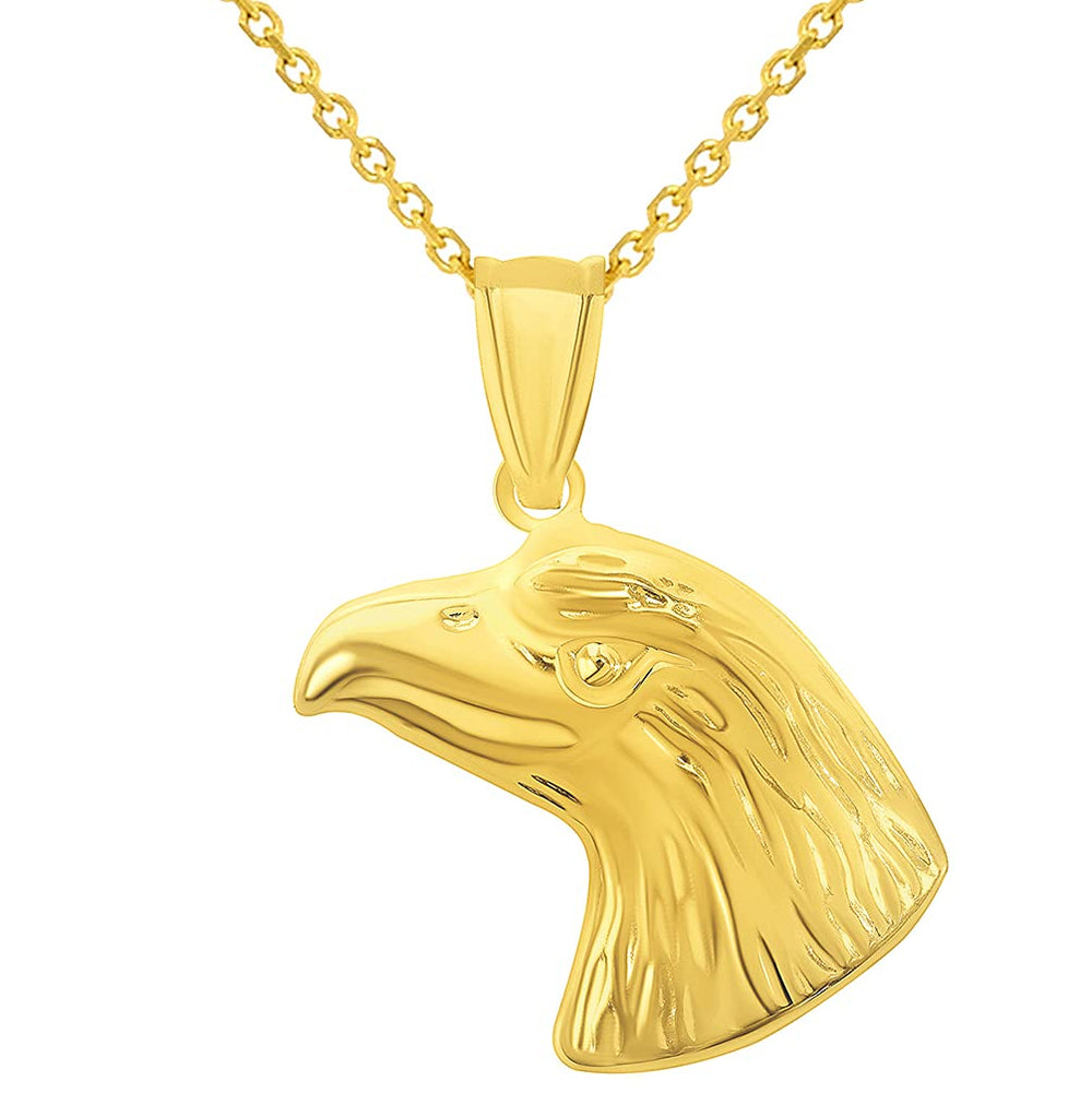 14k Yellow Gold Polished 3D Bald Eagle Head Animal Pendant Necklace