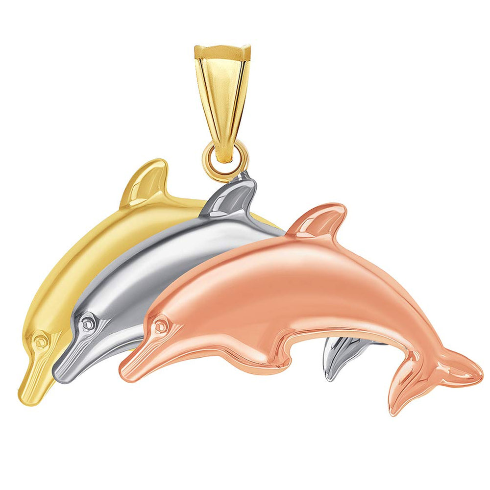 14k Tri-Color Gold 3-D Three Dolphins Jumping Pendant (Reversible)