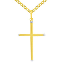 Load image into Gallery viewer, 14k Two-Tone Gold Slender Slanted Edge Plain Religious Cross Pendant with Cuban Curb Chain Necklace
