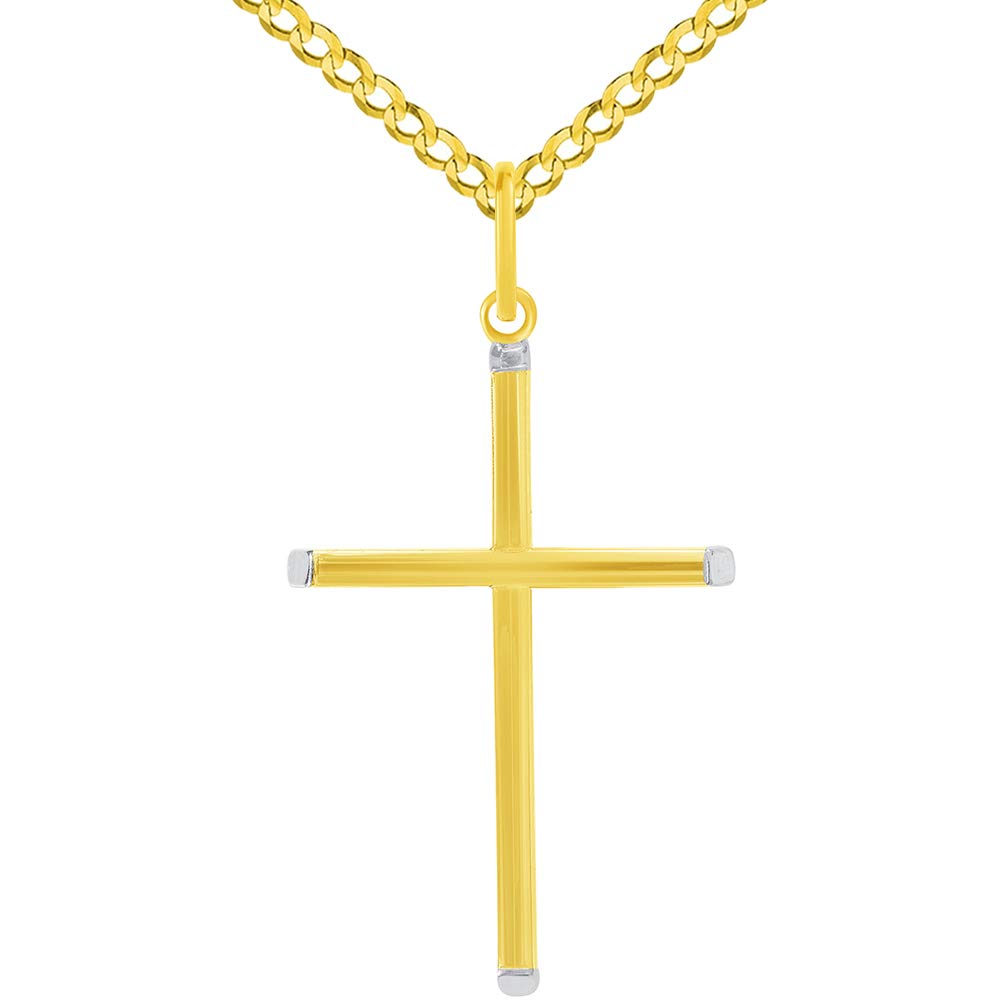 14k Two-Tone Gold Slender Slanted Edge Plain Religious Cross Pendant with Cuban Curb Chain Necklace